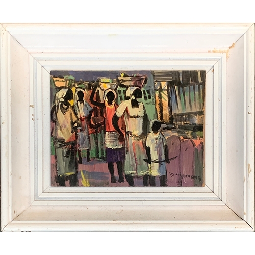 416 - Jan Dingemans (South African, 1921-2001), five robed figures, oil on board, signed, 13x17.5cm