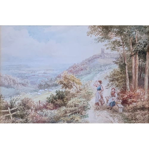 335 - Myles Birket Foster RWS (1825-1899), Leith (?) Hill, watercolour of two figures on a track, 13x19cm