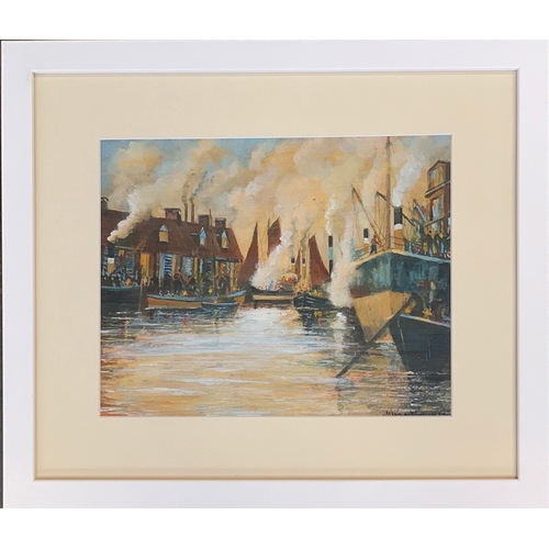 391 - James Kay RSA, boats in a harbour, gouache on paper, signed lower right, 19.5x24.5cm