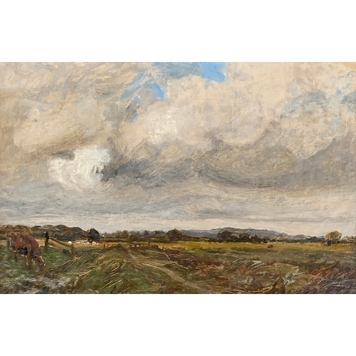 385 - Attributed to Owen Bowen, oil on canvas, rainclouds above an open landscape, 20.5x31cm