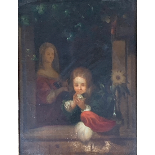 360 - 19th Century Italian School, Figures at an Open Window MDCLXII, oil on canvas, 25x18cm