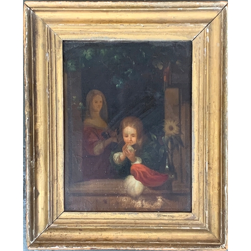 360 - 19th Century Italian School, Figures at an Open Window MDCLXII, oil on canvas, 25x18cm