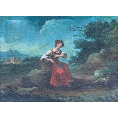 361 - Italian School, Boy with Musical Instrument and Girl with Basket set within Landscapes, oil on canva... 