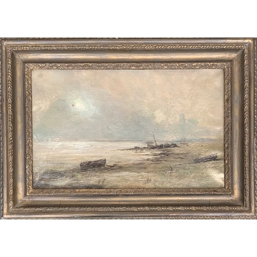 375 - 19th century British, boats on the shore, oil on canvas, 29x46.5cm