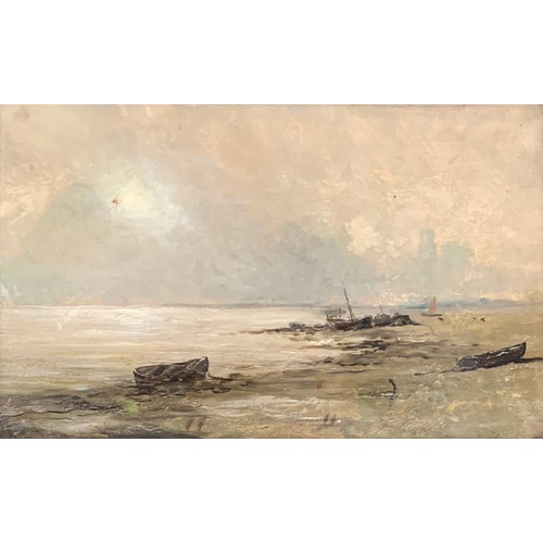 375 - 19th century British, boats on the shore, oil on canvas, 29x46.5cm