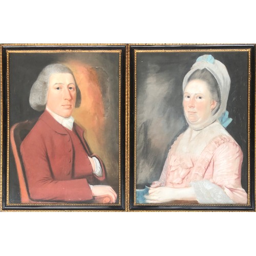 348 - English School, 18th century, a pair of portraits of Mr and Mrs Rogers, pastel, one 
inscribed to ve... 