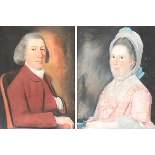 348 - English School, 18th century, a pair of portraits of Mr and Mrs Rogers, pastel, one 
inscribed to ve... 