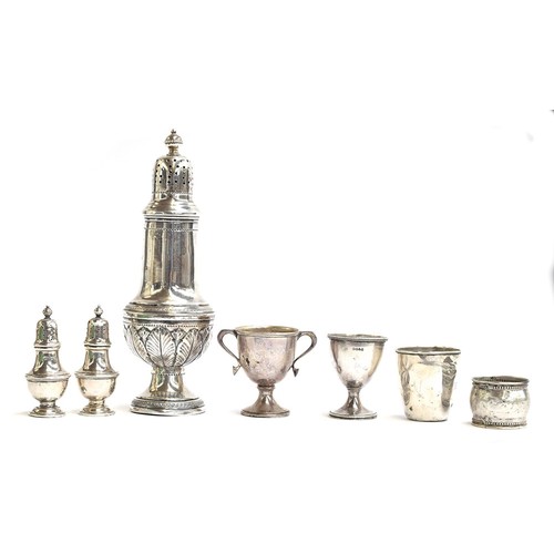 96 - A lot of silver items to include a sugar caster, 21.5cm high; a pair of peppers by Adie Brothers Ltd... 