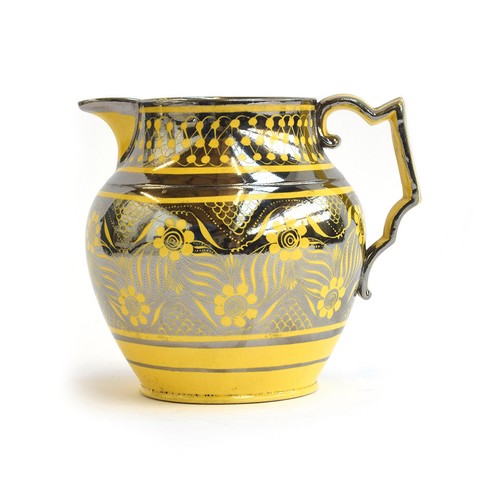 221 - A Staffordshire pearlware silver lustre jug, c.1820-40, canary yellow ground, decorated with flowers... 