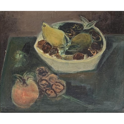 377 - 20th century oil on canvas, still life of fruit, signed indistinctly lower left, 37x44cm