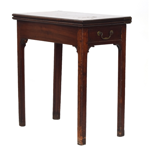 599 - A George II mahogany rectangular tea table, with single end drawer, the foldover top raised on mould... 