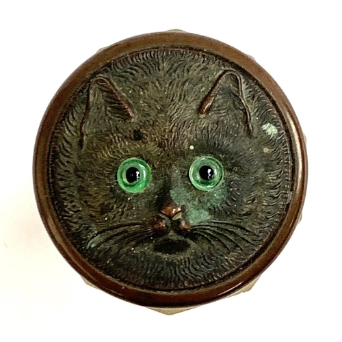 136 - A nickel topped glass inkwell; together with an Edwardian dressing table pot, the lid with cat mask ... 