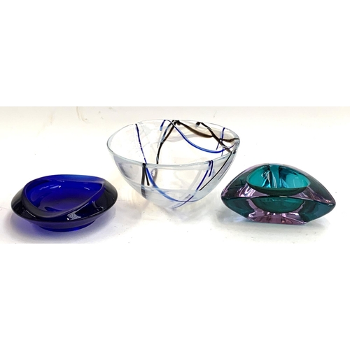 96 - Three pieces Studio Art Glass: Kosta bowl, Bristol Blue bowl & another