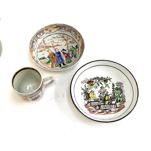 99 - A mixed lot of ceramics to include creamware saucer with black rim and black and white transfer scen... 