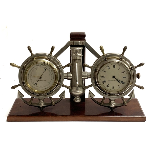 63 - A Cooke & Kelvey London & Calcutta barometer, thermometer, and clock, in the form of two ship's whee... 