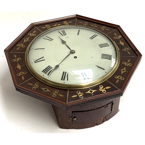 64 - A 19th century mahogany and brass inlaid octagonal wall clock, enamelled dial with Roman numerals an... 