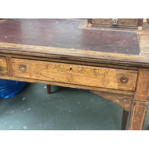 625 - A rosewood writing desk (af), the top with two piers, each with two small drawers, central glazed pa... 