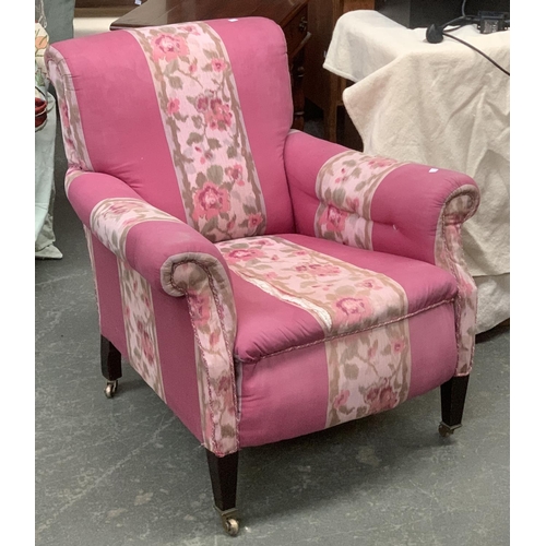 666 - A Victorian armchair, on square tapered legs, square caps and casters, 82cmW