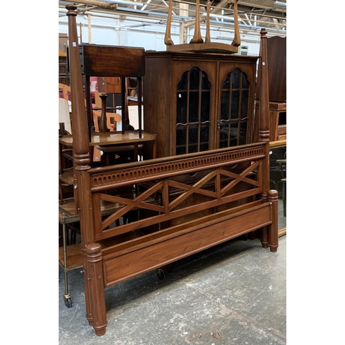 817 - An Eastern hardwood superking bed, with slats, the headboard, 106cmH, 205cmH to top of poles