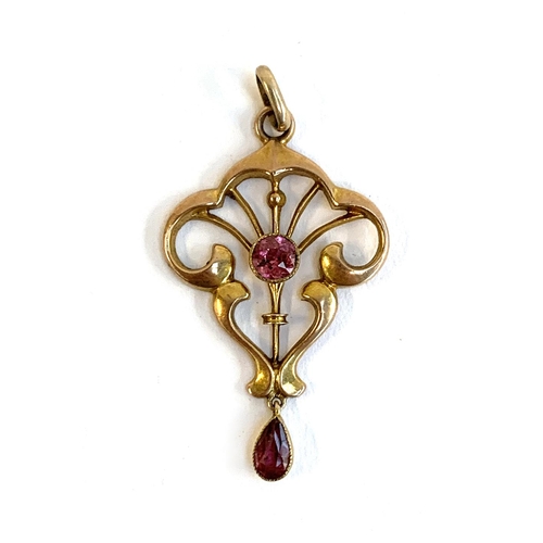 A 9ct gold and pink tourmaline Art Nouveau style lavelier pendant, 3.4cm long, approx. 1g