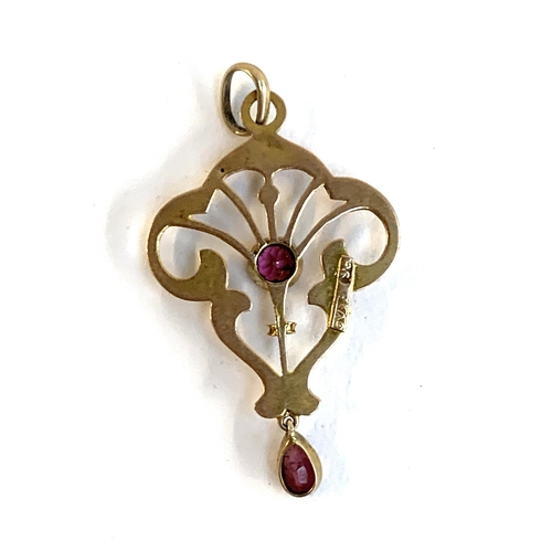 4 - A 9ct gold and pink tourmaline Art Nouveau style lavelier pendant, 3.4cm long, approx. 1g