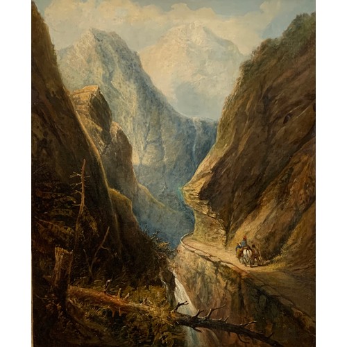 365 - Follower of Henry Dawson (1811-1878), two figures on a mountain pass, oil on canvas, 76 x 63cm