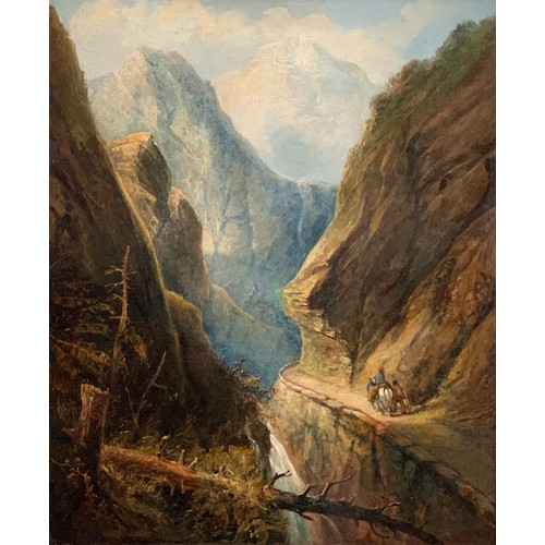 365 - Follower of Henry Dawson (1811-1878), two figures on a mountain pass, oil on canvas, 76 x 63cm