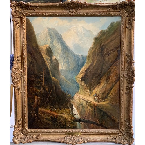 365 - Follower of Henry Dawson (1811-1878), two figures on a mountain pass, oil on canvas, 76 x 63cm