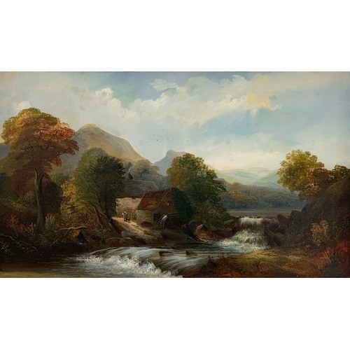 367 - J. Davis (19th century), Mountain river landscape with a figure outside a mill, signed, oil on canva... 