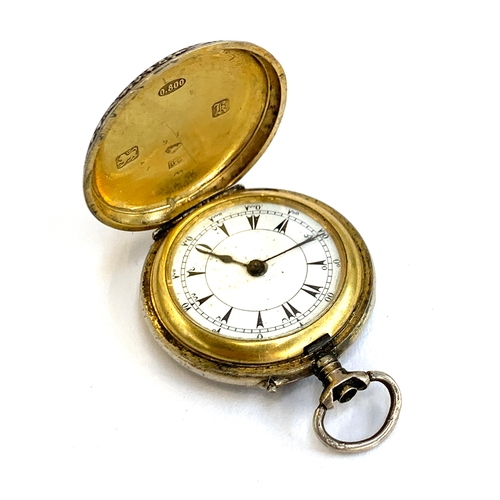 57 - An early 20th century Swiss 800 silver fob watch with guilloche enamel decoration to front, missing ... 