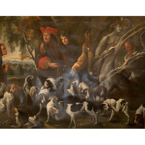 366 - An extremely large late 19th/early 20th century oil on canvas depicting a hunt scene, 256x200cm