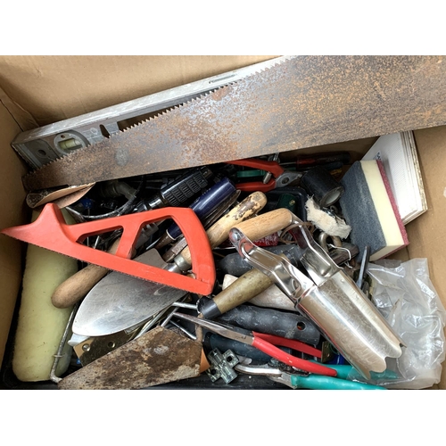 112A - A mixed box of handtools to include saw, rasps, garden tools, etc