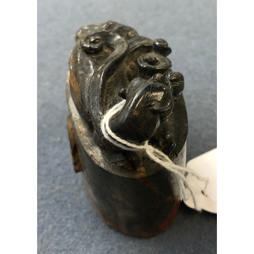 183 - A Chinese carved soapstone seal in the form of a foo dog, the seal reading 'Zijin Shan' (Purple Moun... 