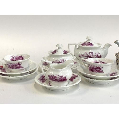 120 - A 19th century Spode miniature part tea service; together with a small quantity of pink transfer war... 