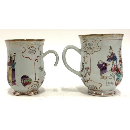 125 - Two Chinese export mugs of baluster form (af), each painted in polychrome enamels and heightened in ... 