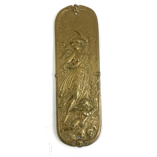 240 - An Elkington's 'Art Gold Bronze' Art Nouveau door plaque depicting a woman and putti with bat wings ... 