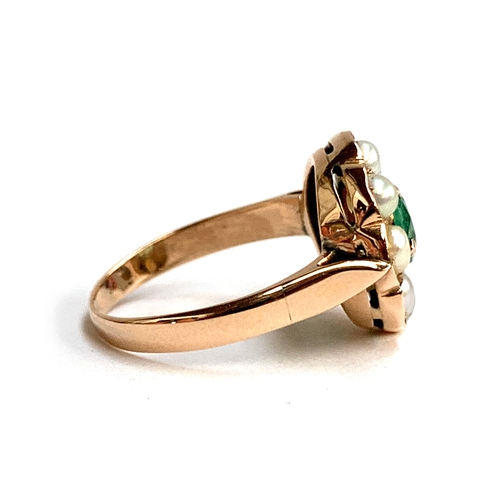 15 - A 14ct gold cluster ring set with a central emerald surrounded by a halo of pearls, size N, approx. ... 