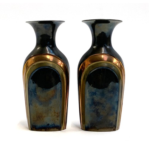 246 - A pair of tri-coloured Indian brass vases, 19cmH