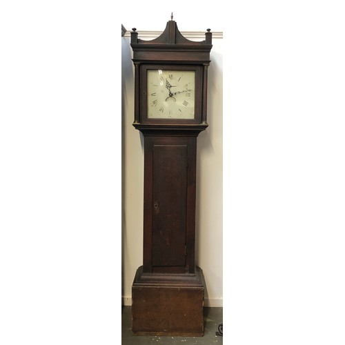 1012 - An oak cased longcase, clock, enamel dial flanked by fluted columns, 205cmH