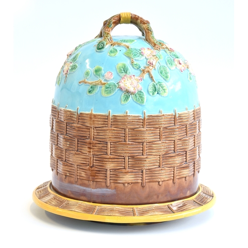 196 - A 19th century George Jones majolica cheese cloche, with apple blossom pattern in relief, branch han... 