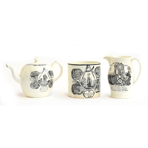 182 - A late 18th/early 19th century Masonic creamware teapot, jug and mug, all printed in black: The jug ... 