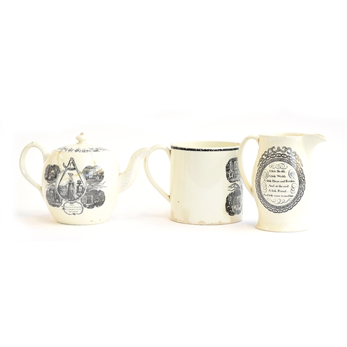 182 - A late 18th/early 19th century Masonic creamware teapot, jug and mug, all printed in black: The jug ... 