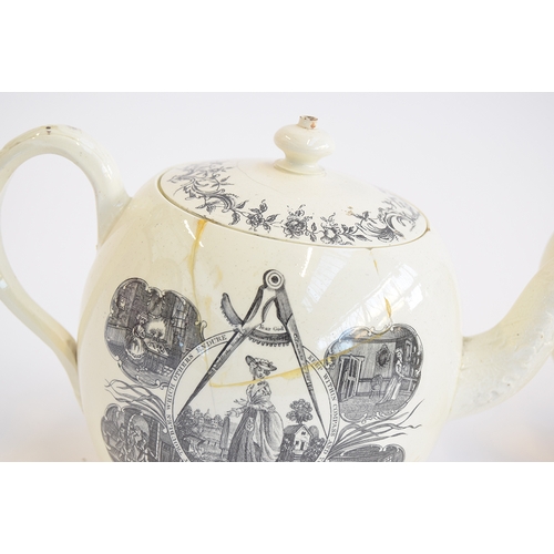 182 - A late 18th/early 19th century Masonic creamware teapot, jug and mug, all printed in black: The jug ... 