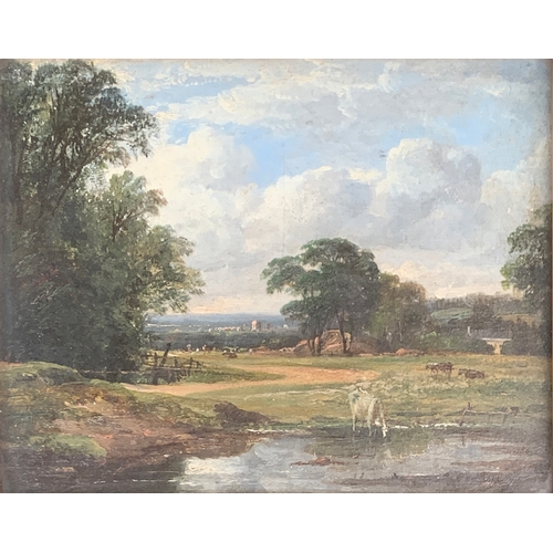 298 - 19th century British, cattle watering, oil on board, sketch to reverse of panel, 18.5x23cm