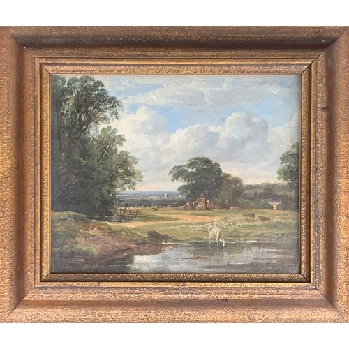 298 - 19th century British, cattle watering, oil on board, sketch to reverse of panel, 18.5x23cm