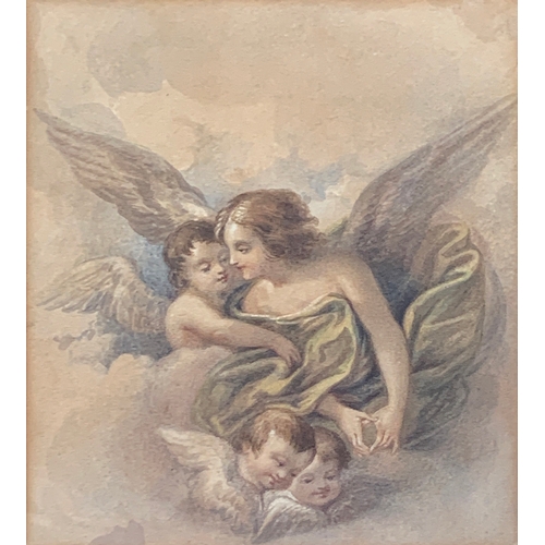 265 - A Victorian watercolour depicting angel and putti among clouds, 18.5x16.5cm