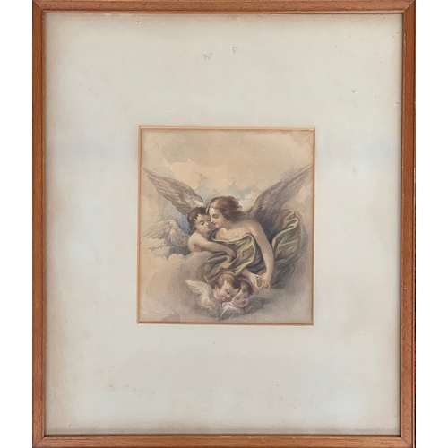 265 - A Victorian watercolour depicting angel and putti among clouds, 18.5x16.5cm