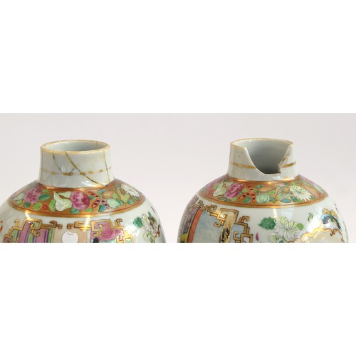 55 - A pair of Chinese famille rose baluster vases with covers, painted with court scenes (af), 34cmH