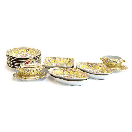 176 - A 19th century part dinner service, hand painted floral design on a yellow ground, heightened in gil... 