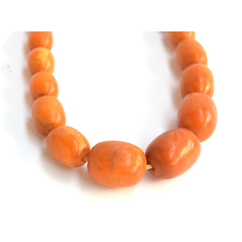 41 - An amber bead necklace, the largest of the graduated beads 1.9cm wide, the smallest 1cm wide, with 9... 